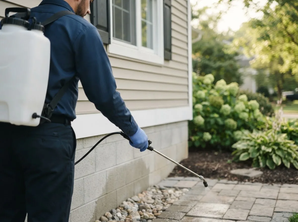 Pest control technician inspecting a home in Glenallen, MO